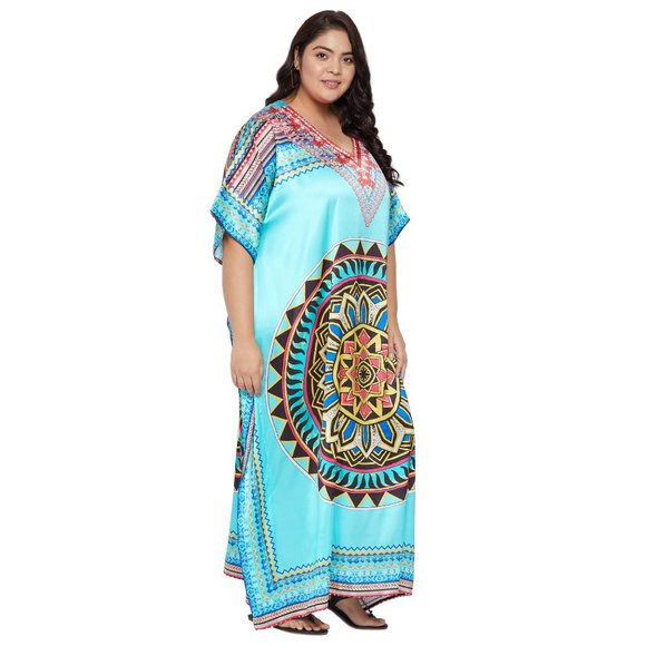 Women Plus Size Turquoise Satin Kaftan Maxi Dress Long Caftan by Gypsie Blu - Picture 4 of 8
